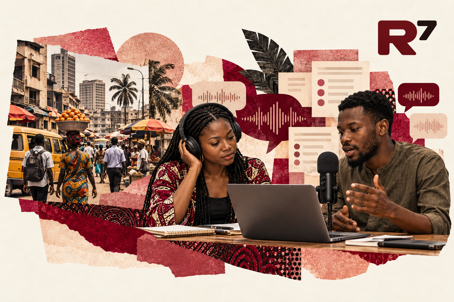 AI-generated editorial collage of Nigerian language reviewers with headphones, microphone and laptop, a Nigerian streetscape and speech motifs, with the Rust7 logo at the top right