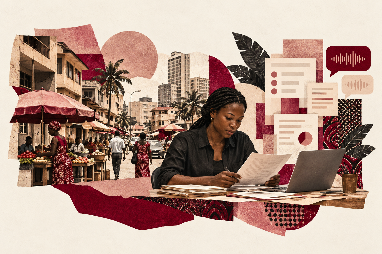 Editorial collage of a researcher, a West African streetscape, and abstract data and speech shapes